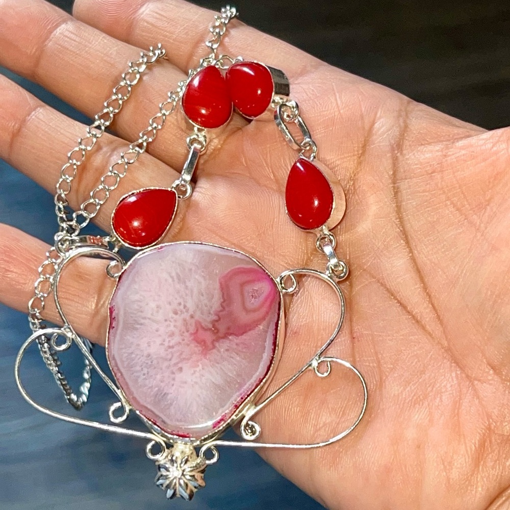 Solar Quartz & Red Coral Pendant Necklace